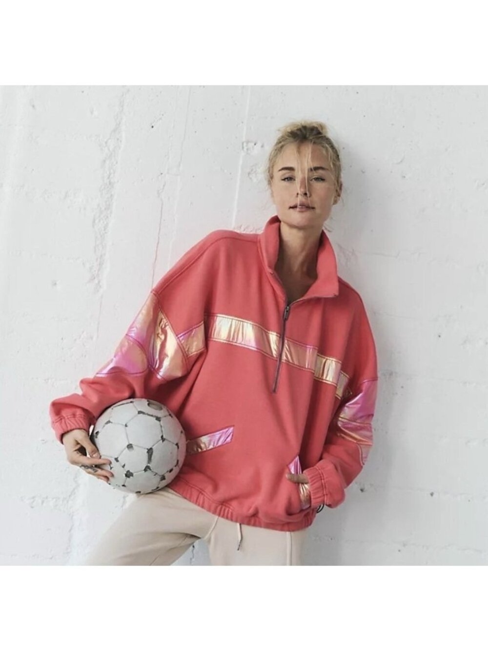 Free People Movement Away We Go Half Zip Pink Coral Jacket Sweatshirt Sz S